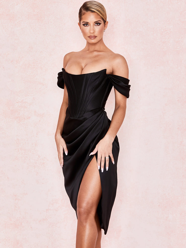 Cap Shoulder Corset Bodycon Midi Dress - Black Newgew Dresses