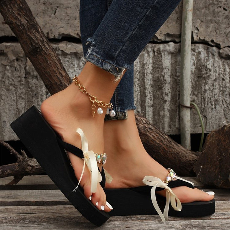 Casual Patchwork With Bow Round Comfortable Wedges Shoes (Heel Height 1.97in) NewGew