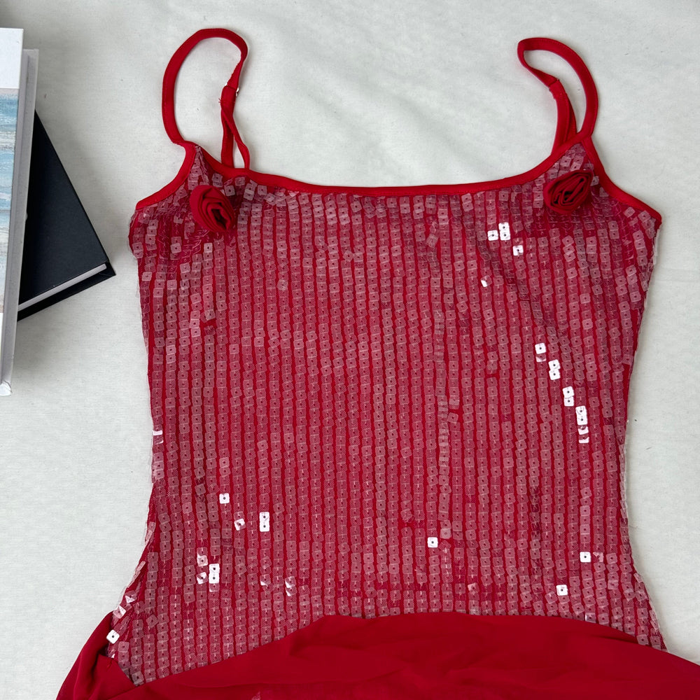 Floral-Embellished Sequin Camisole Dress PinTow