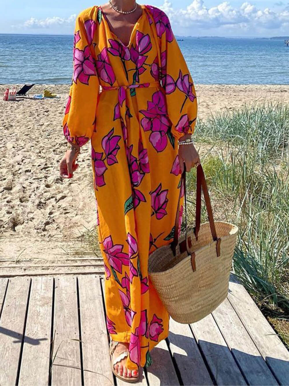 Fashion Printed V-Neck Holiday Beach Dresses Newgew Dresses