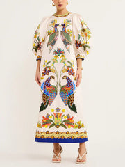 Exquisite And Fun Printed Puff Sleeves Loose Casual Midi Dress Newgew Dresses