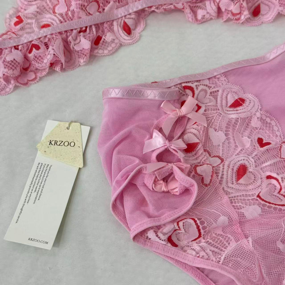 Mesh Heart Embroidery Hollow-Out Lingerie Set PinTow