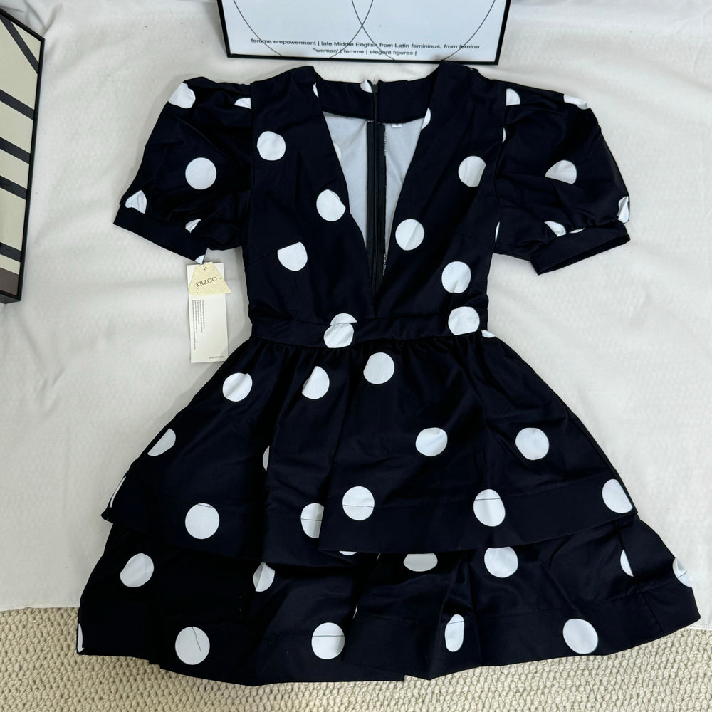 Printed Deep-V Polka-Dot A-Line Dress PinTow