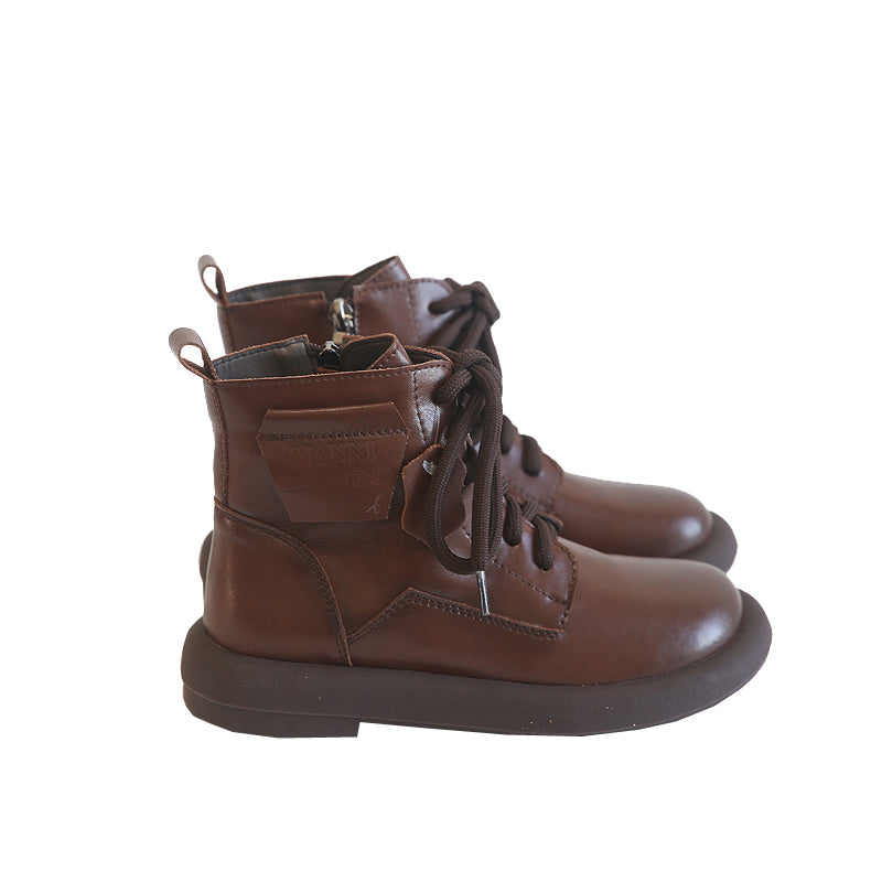 Women Retro Cowhide Round Head Boots Newgew Shoes