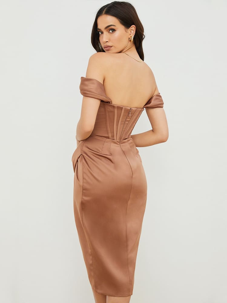 Cap Shoulder Corset Bodycon Midi Dress - Toffee Brown Newgew Dresses