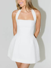 Halterneck Open-Back High-Waisted A-Line Wide-Hem Mini Dress Newgew Dresses