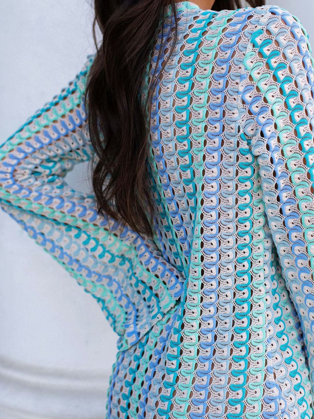 Boho V Neck Bell Sleeve Wavy Striped Crochet Beach Vacation Maxi Dress - Blue Newgew Dresses