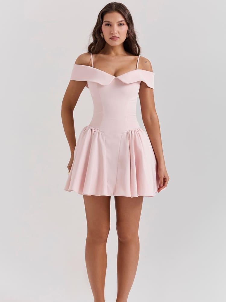 Ballet Pink Off-Shoulder Spaghetti Strap Mini Dress Newgew Dresses