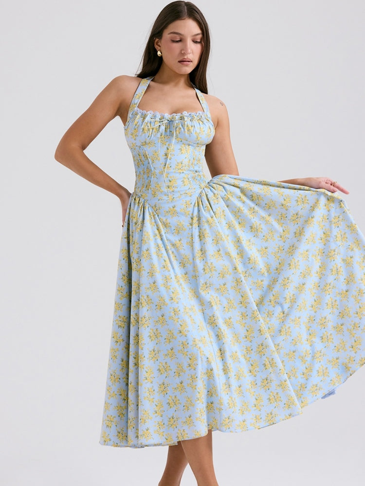 Soft Blue Vintage Floral Print Backless Tank Dress Newgew Dresses