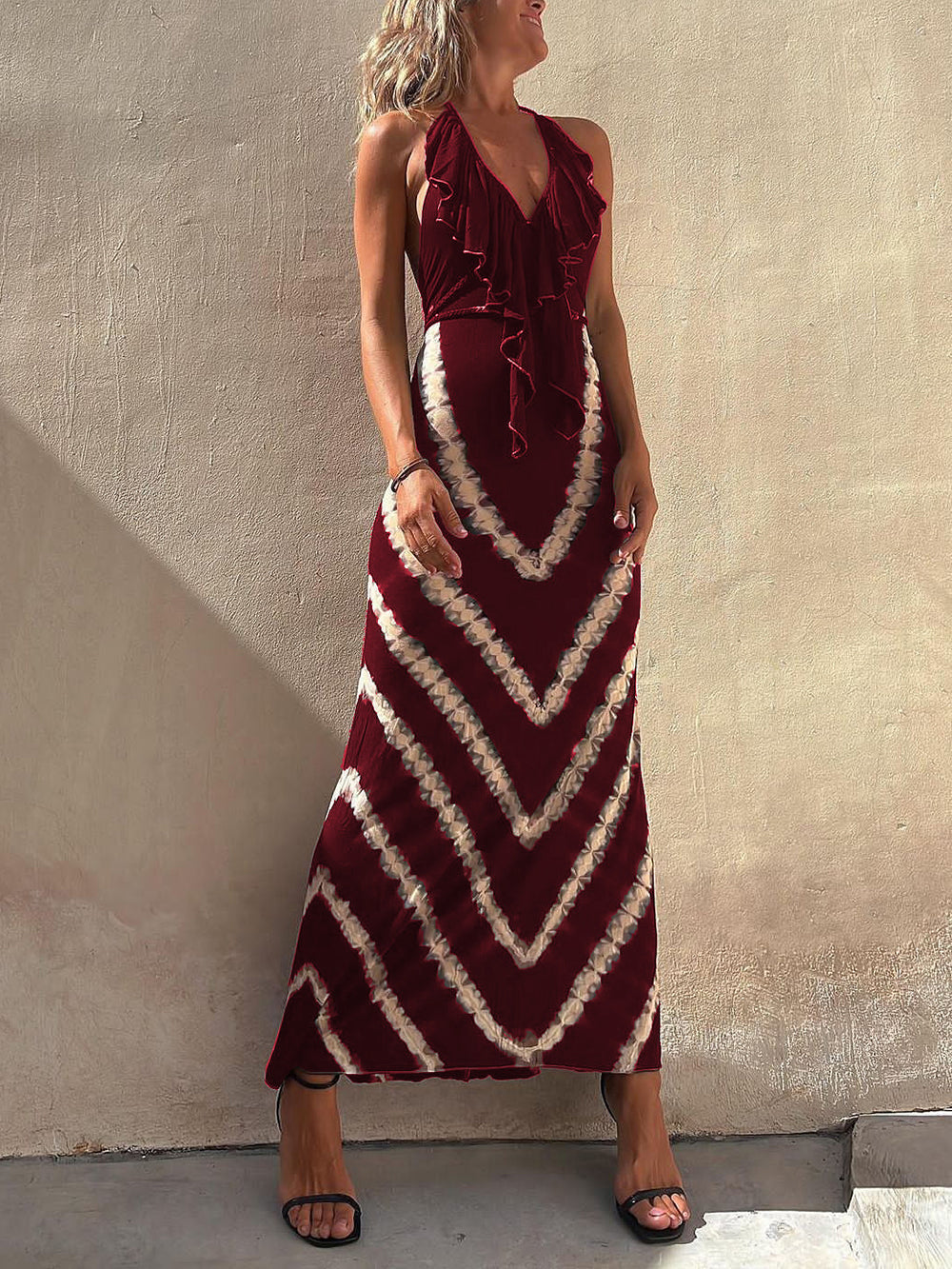 Paulawow Halter V Neck Ruffle Drape Front Printed Maxi Dress Newgew Dresses