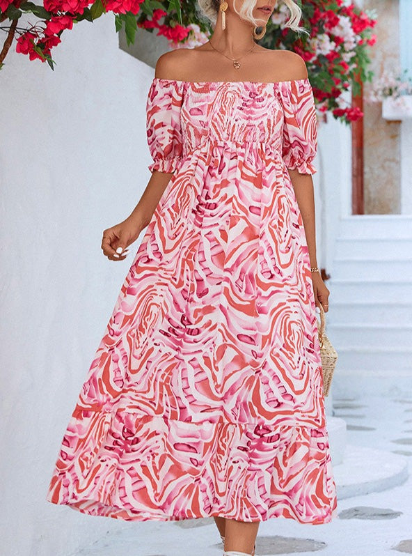 Smocked Print Off The Shoulder Midi Dress Newgew Dresses