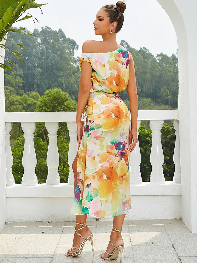 Off-Shoulder Floral Slit Dress Newgew Dresses