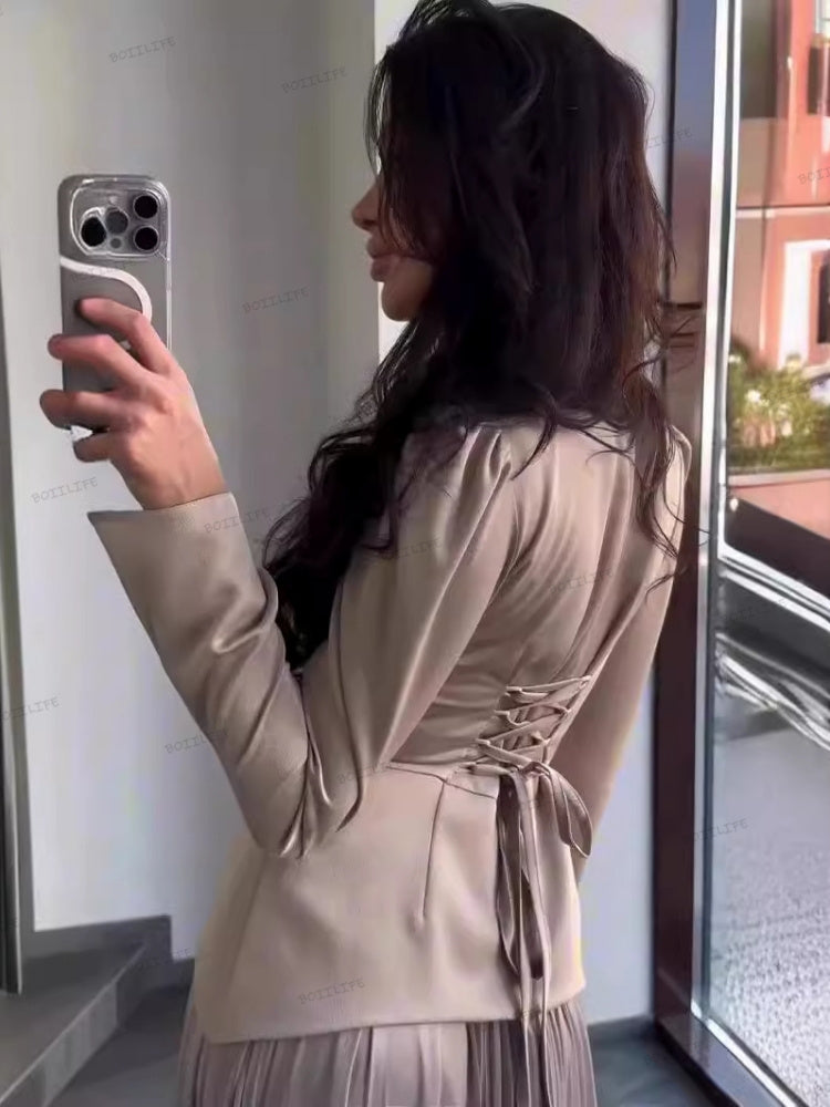Color Block Splicing Slim Fit Lace-Up Long Sleeve Maxi Dress Newgew Dresses
