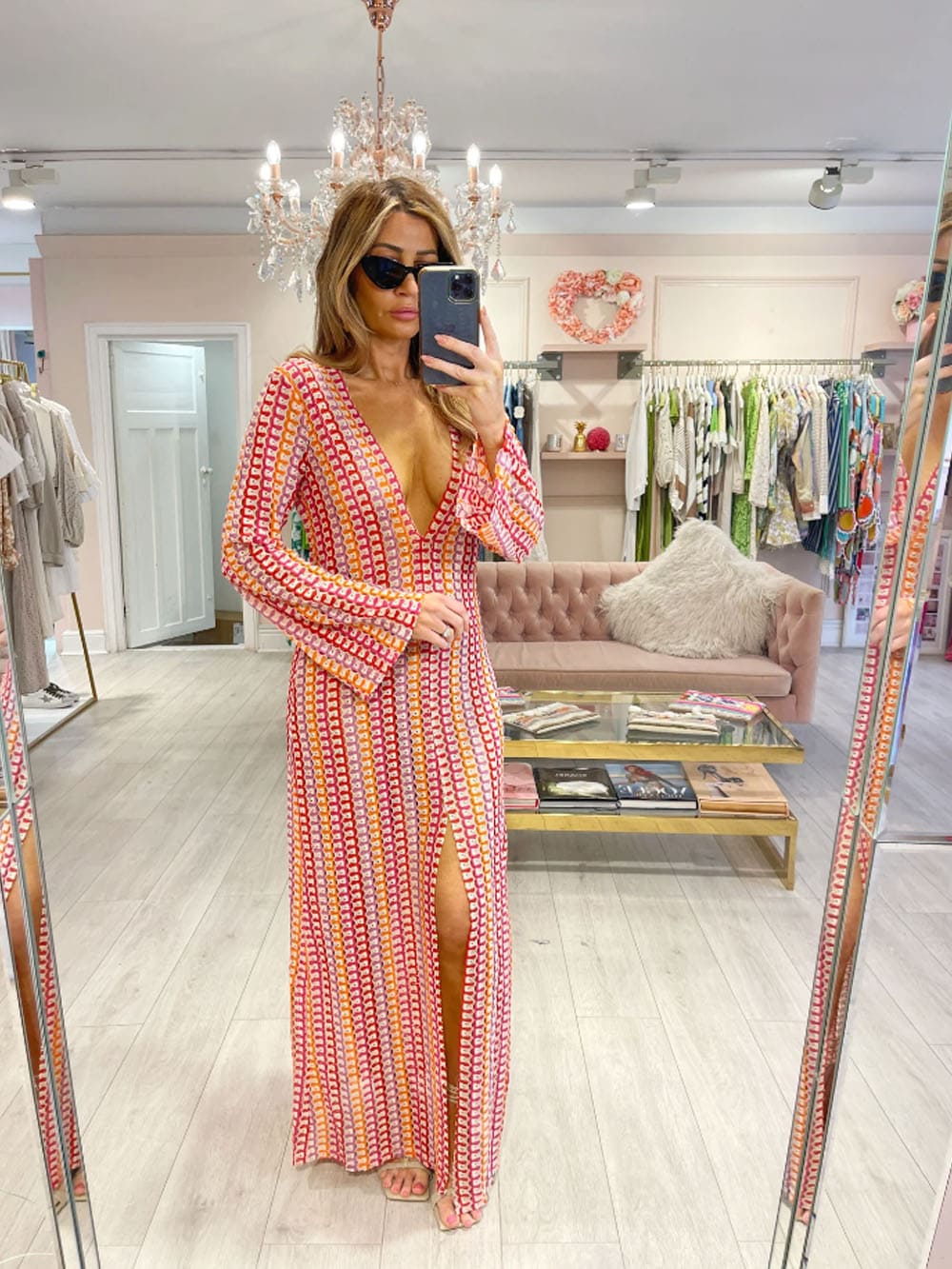 Boho V Neck Bell Sleeve Wavy Striped Crochet Beach Vacation Maxi Dress - Red Newgew Dresses