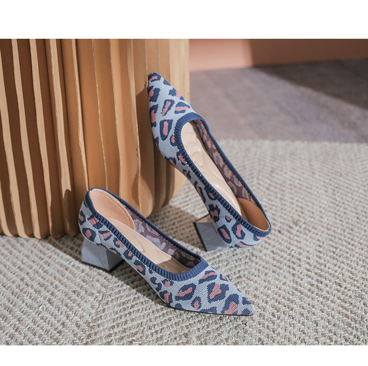 Chunky Heel Pointed Toe Pumps Knitted Woven Shoes NewGew