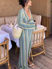 Boho V Neck Bell Sleeve Wavy Striped Crochet Beach Vacation Maxi Dress - Yellow Newgew Dresses