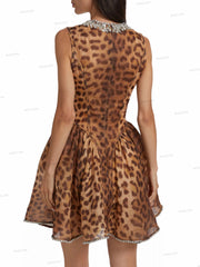 Leopard Print Round Neck Rhinestone Dress Newgew Dresses