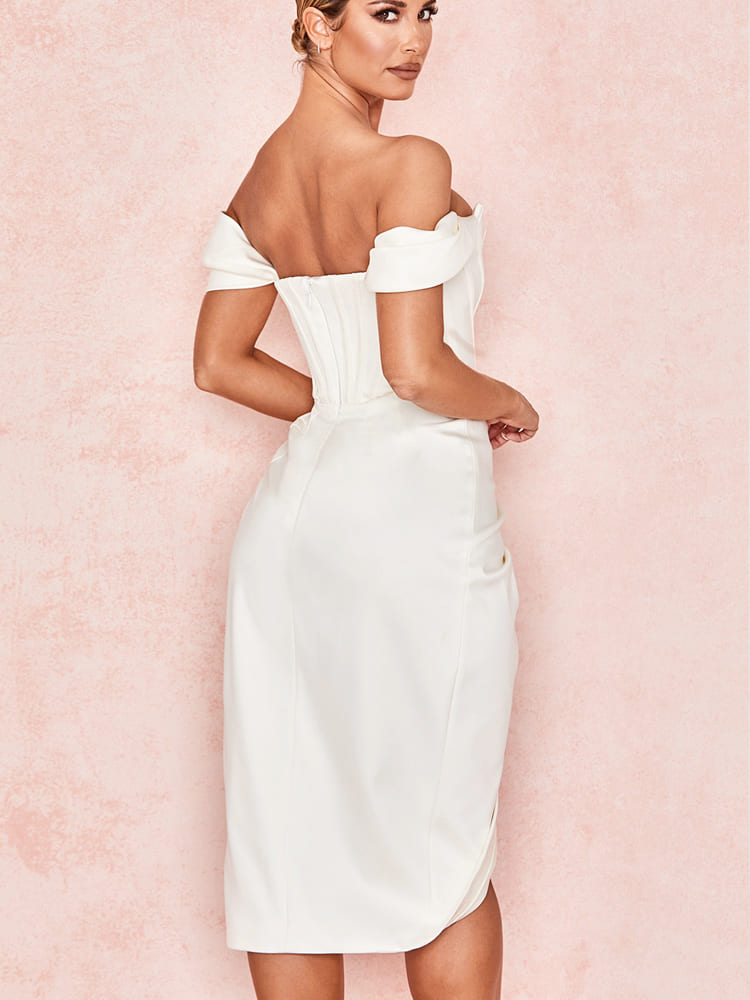 Cap Shoulder Corset Bodycon Midi Dress - White Newgew Dresses