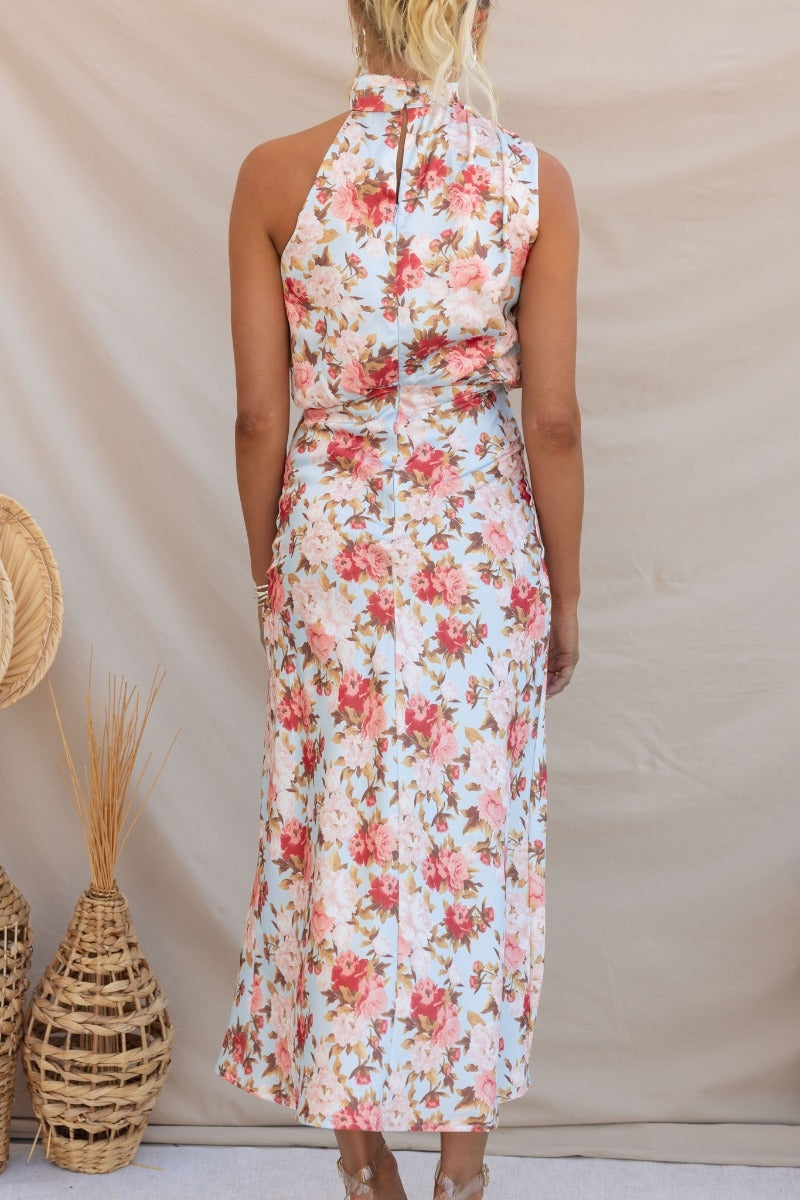 Wine Country Dates Floral Halter Neck Elastic Waist Maxi Dress Newgew Dresses