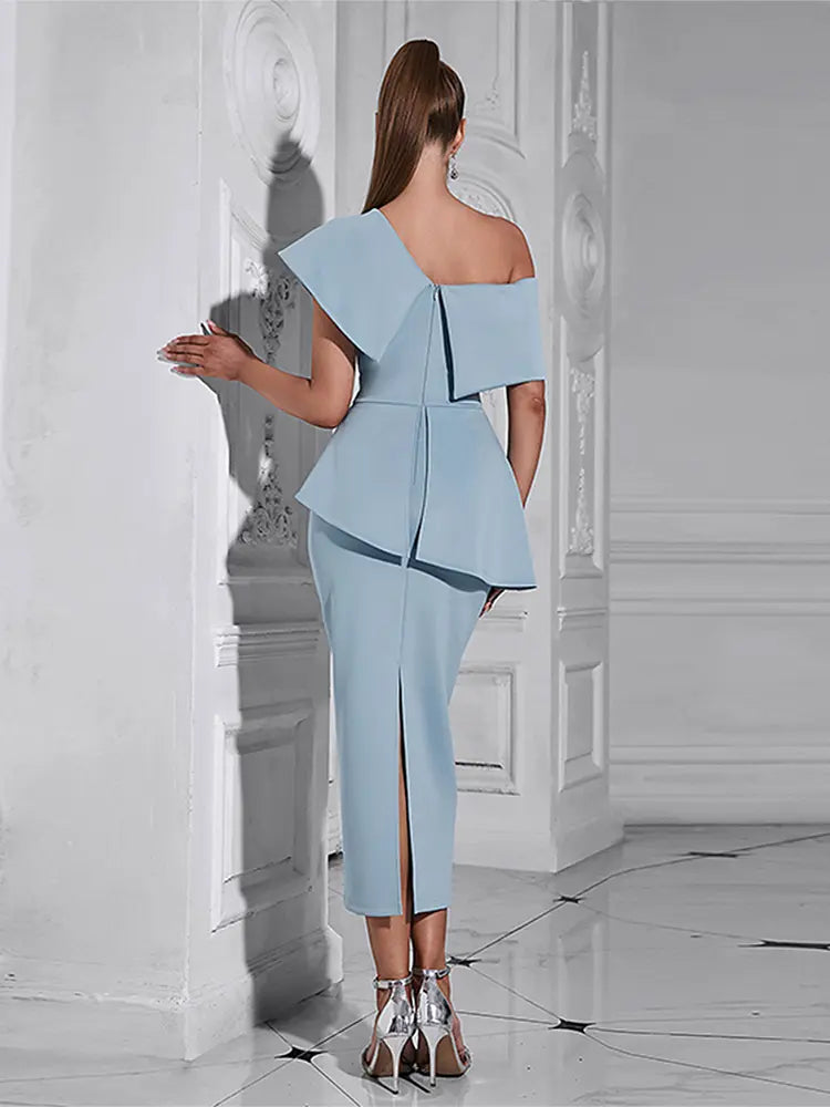 Blue Ruffled Off-Shoulder Dress Newgew Dresses