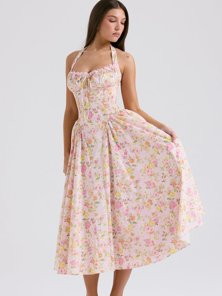 Pink Meadow Print Backless Midi Tank Dress Newgew Dresses