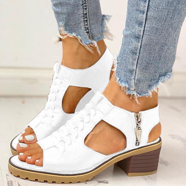 Peep Toe Cutout Zipper Chunky Heeled Sandals NewGew