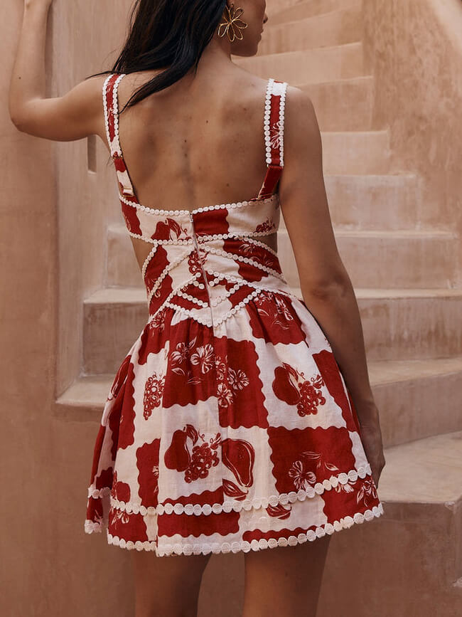 Floral Decorative Unique Print V-Neck Hollow A-Line Mini Dress Newgew Dresses