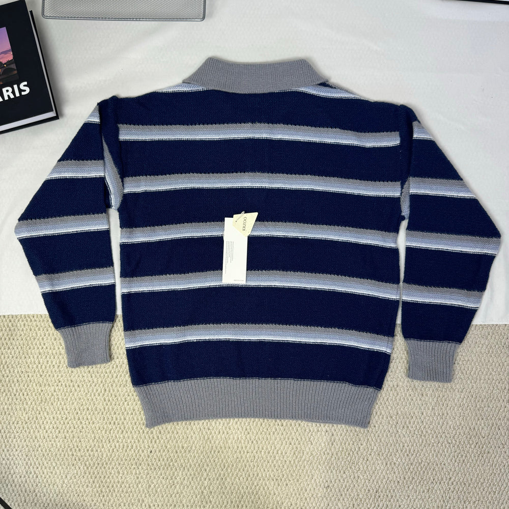 Striped Polo-Neck Relaxed Style Knit Top PinTow