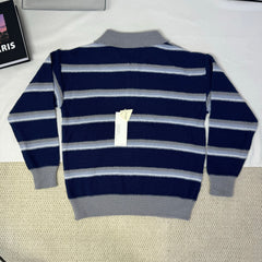 Striped Polo-Neck Relaxed Style Knit Top PinTow