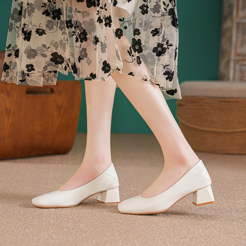 Women Minimalist Soft Comfort Leather Chunky Heel Pumps Newgew Shoes