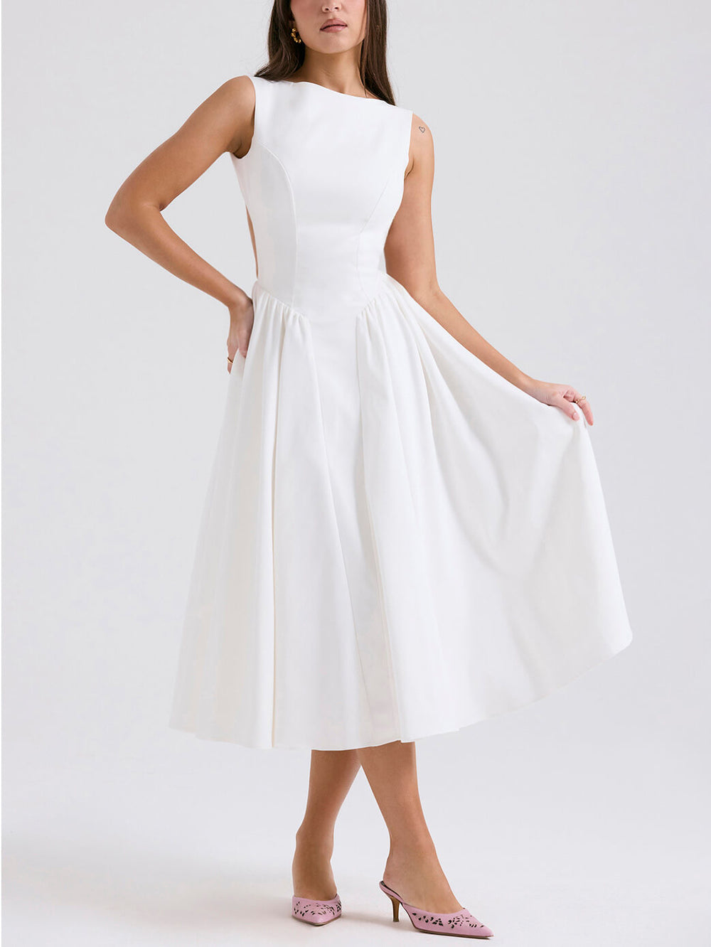 Stylish And Elegant Solid Color Round Neck Backless Sleeveless Midi Dress Newgew Dresses