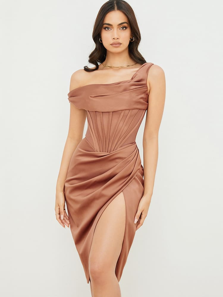 Cap Shoulder Corset Bodycon Midi Dress - Toffee Brown Newgew Dresses