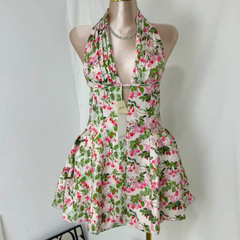 Deep V-Neck Halter Dress With Vintage Print PinTow