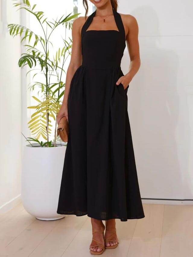 Halter Neck Waist Little Black Dress Mid Length Dress Newgew Dresses