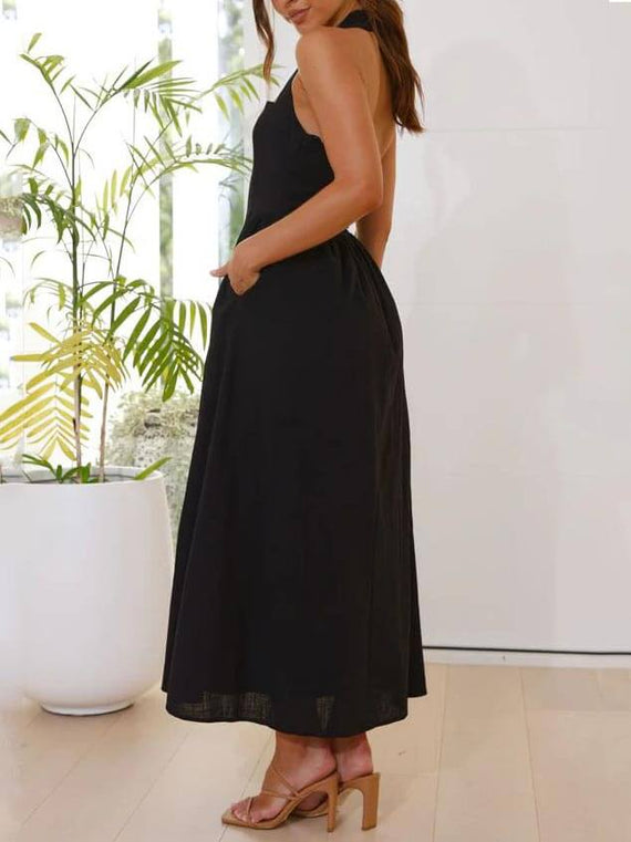 Halter Neck Waist Little Black Dress Mid Length Dress Newgew Dresses