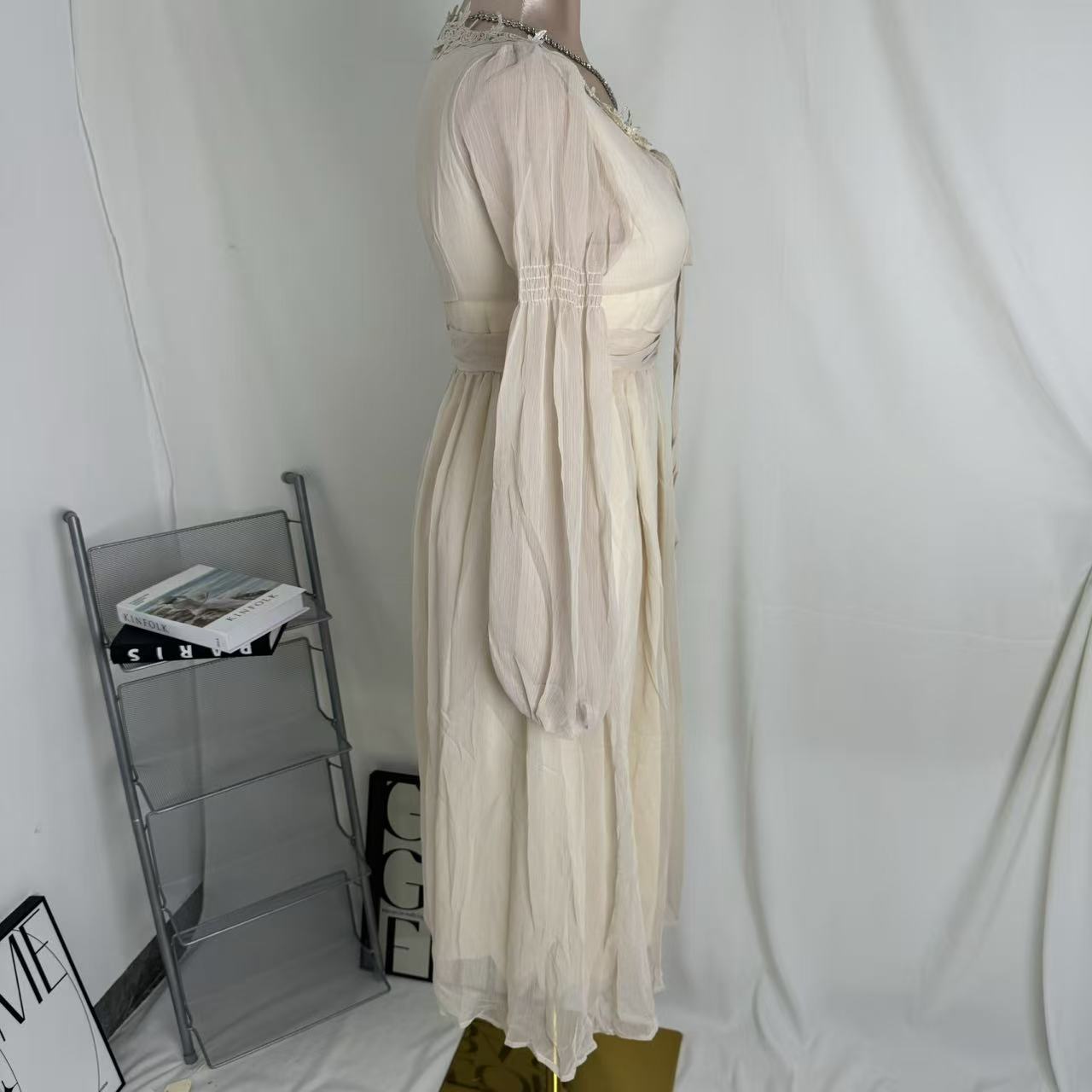 Square-Neck Long-Sleeve Chiffon Dress PinTow