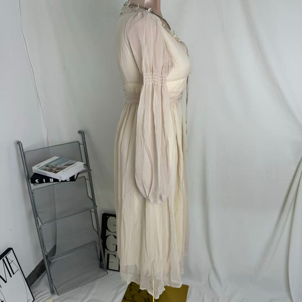 Square-Neck Long-Sleeve Chiffon Dress PinTow