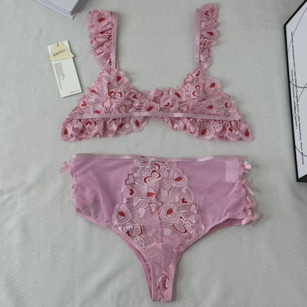 Mesh Heart Embroidery Hollow-Out Lingerie Set PinTow