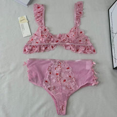 Mesh Heart Embroidery Hollow-Out Lingerie Set PinTow