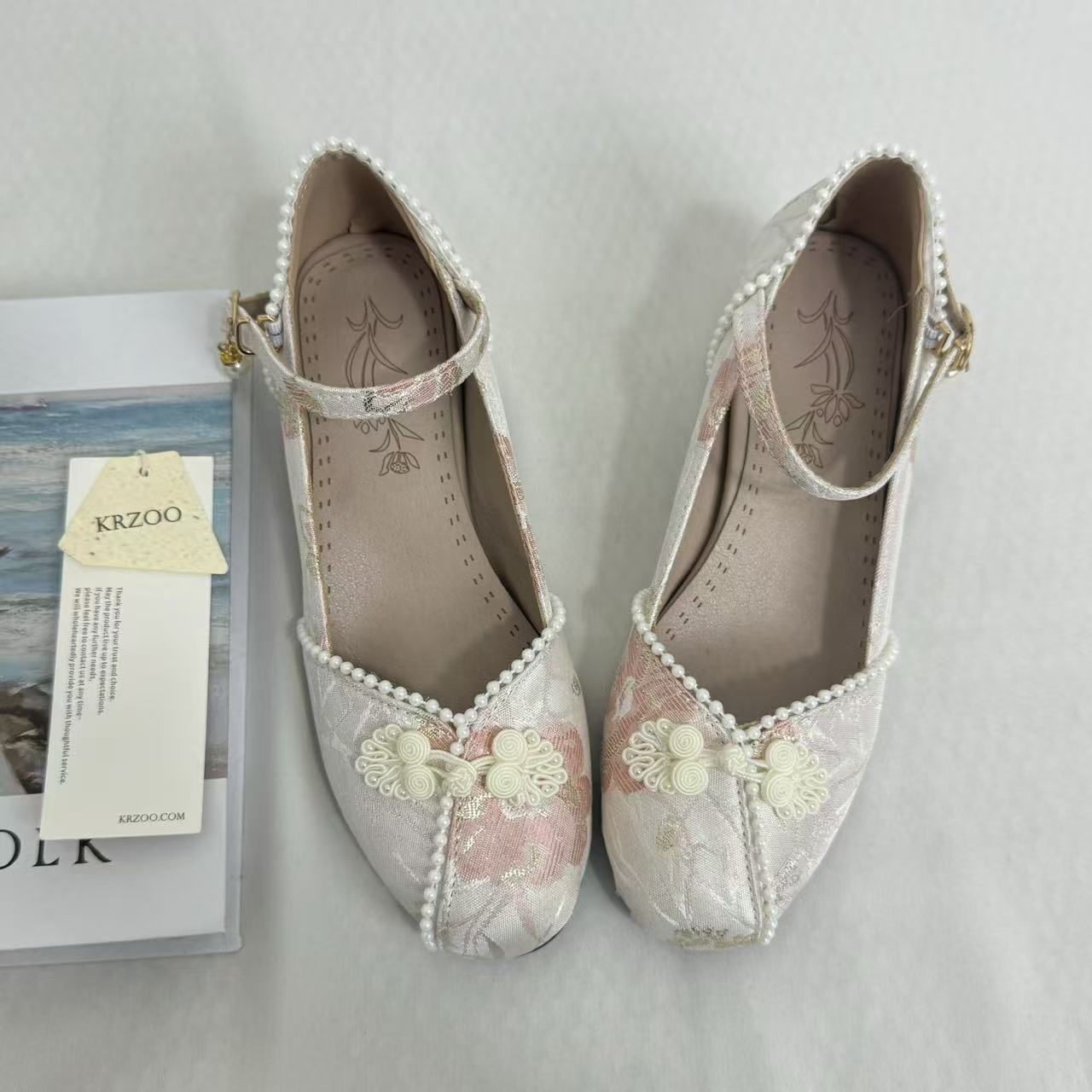 Block-Heel Shoes With Pearl-Embellished Straps PinTow