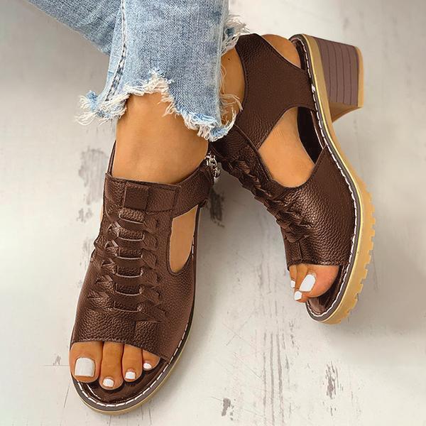Peep Toe Cutout Zipper Chunky Heeled Sandals NewGew