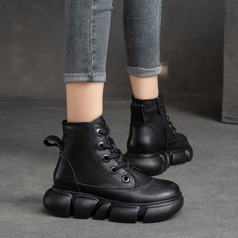 Women Retro Minimalist Leather Furred Platform Boots Newgew Shoes
