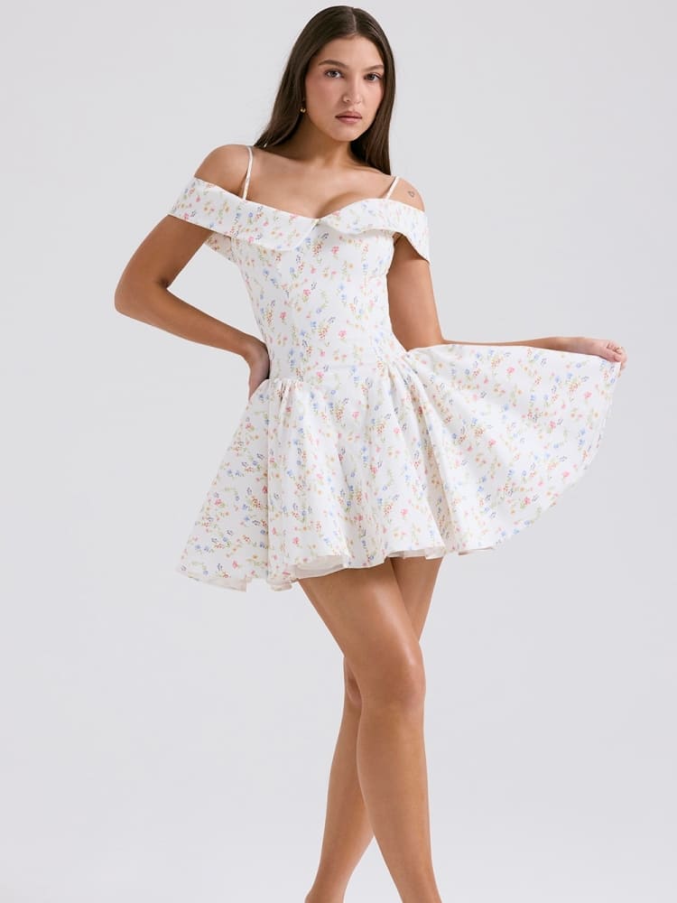 White Floral Print Bustier Mini Dress Newgew Dresses