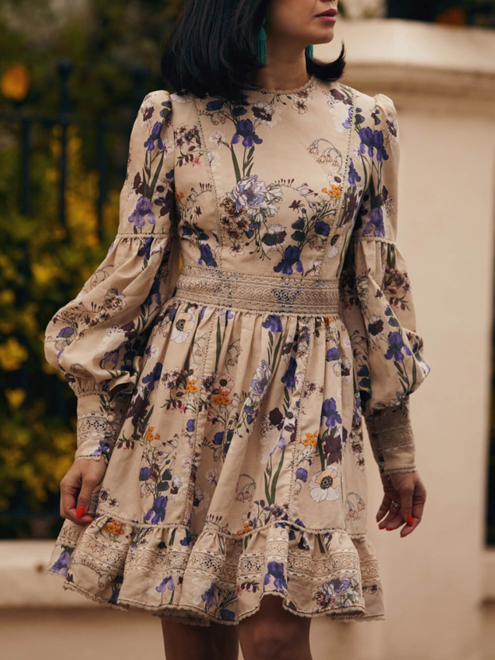Flowers Plants Balloon Sleeves Mini Dress Newgew Dresses