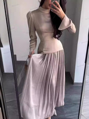 Color Block Splicing Slim Fit Lace-Up Long Sleeve Maxi Dress Newgew Dresses