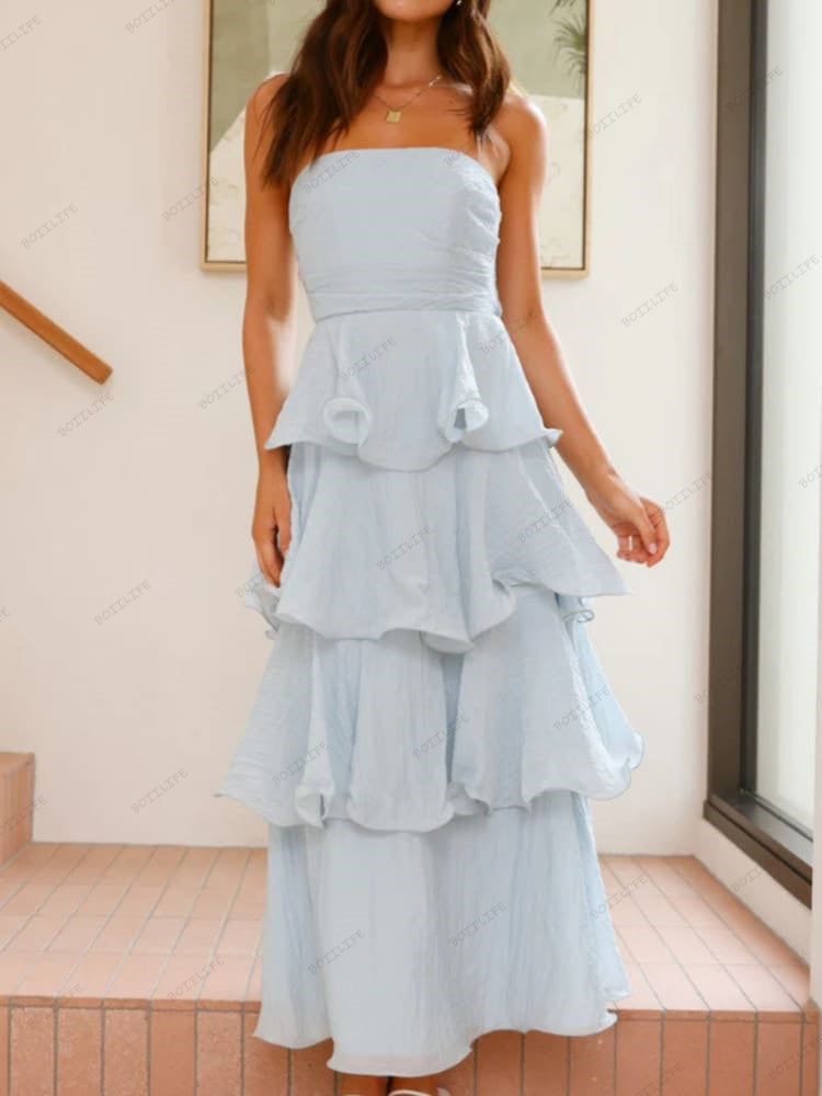 Chic Strapless Backless Tiered Midi Dress Newgew Dresses