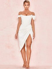 Cap Shoulder Corset Bodycon Midi Dress - White Newgew Dresses