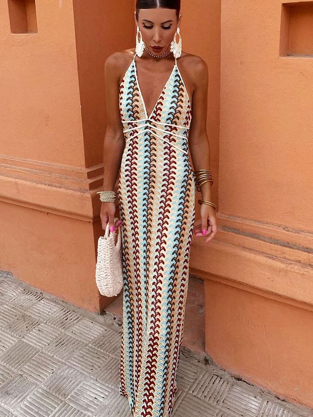 Halter V Neck Backless Boho Pattern Knit Slim-Fit Vacation Maxi Dresses-Beige Newgew Dresses