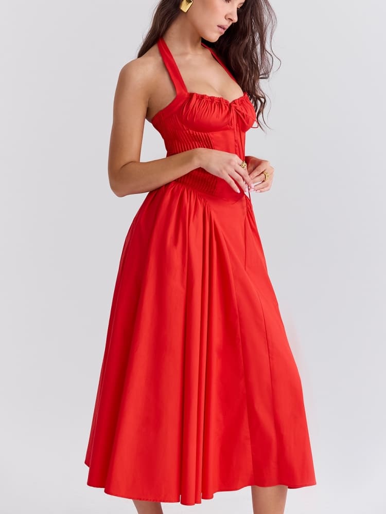 Red Backless Halter Midi Dress Newgew Dresses