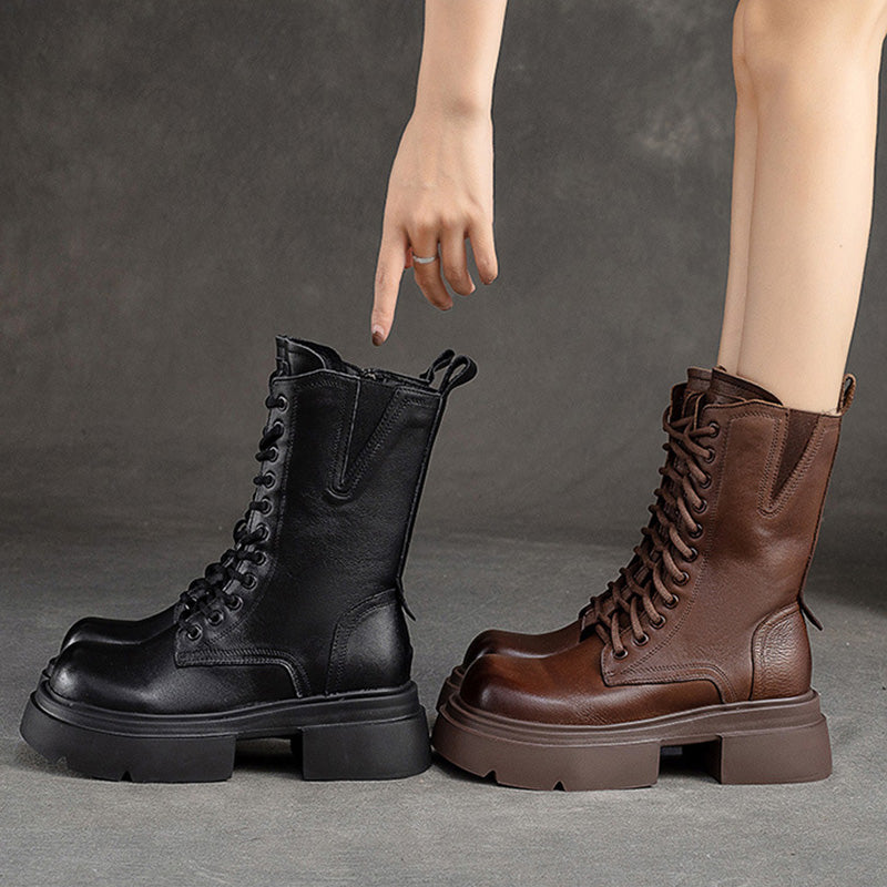 Women Retro Classic Leather Platform Mid-Calf Boots Newgew Shoes